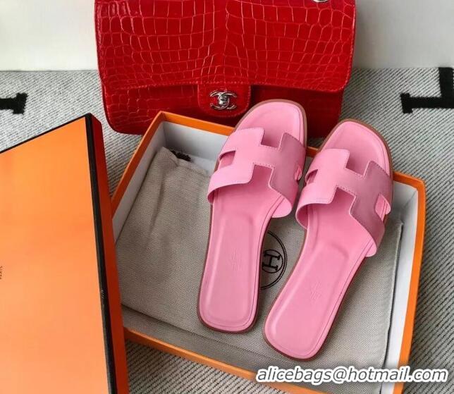 Unique Style Hermes Oran H Flat Slipper Sandals in Smooth Calfskin 040266 Sakura Pink 2021