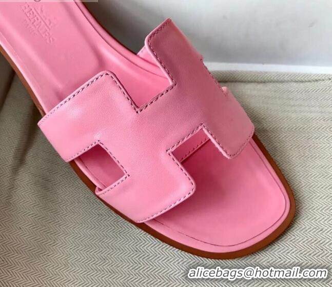 Unique Style Hermes Oran H Flat Slipper Sandals in Smooth Calfskin 040266 Sakura Pink 2021