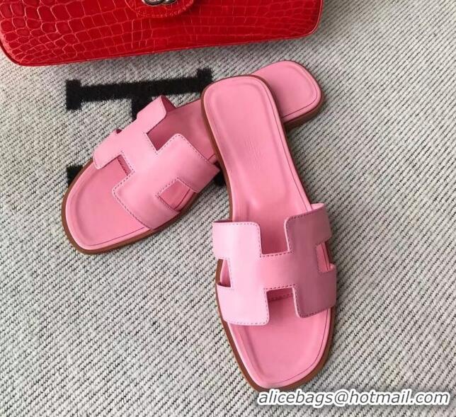 Unique Style Hermes Oran H Flat Slipper Sandals in Smooth Calfskin 040266 Sakura Pink 2021