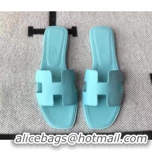 Good Quality Hermes Oran H Flat Slipper Sandals in Smooth Calfskin 040266 Macaroni Blue 2021