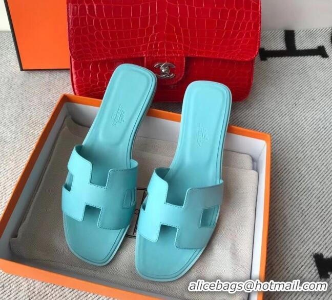 Good Quality Hermes Oran H Flat Slipper Sandals in Smooth Calfskin 040266 Macaroni Blue 2021