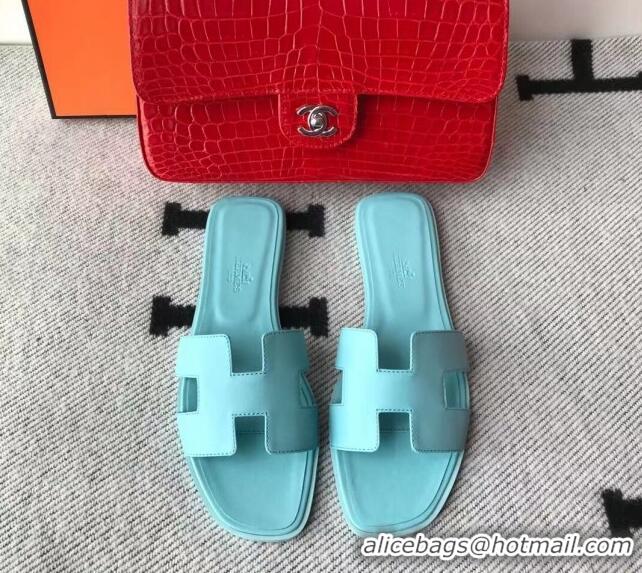 Good Quality Hermes Oran H Flat Slipper Sandals in Smooth Calfskin 040266 Macaroni Blue 2021