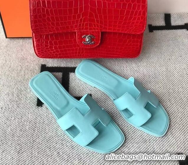 Good Quality Hermes Oran H Flat Slipper Sandals in Smooth Calfskin 040266 Macaroni Blue 2021