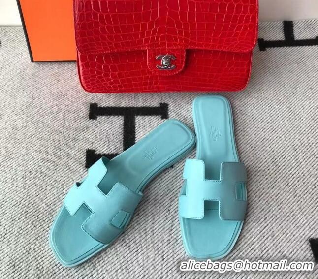 Good Quality Hermes Oran H Flat Slipper Sandals in Smooth Calfskin 040266 Macaroni Blue 2021