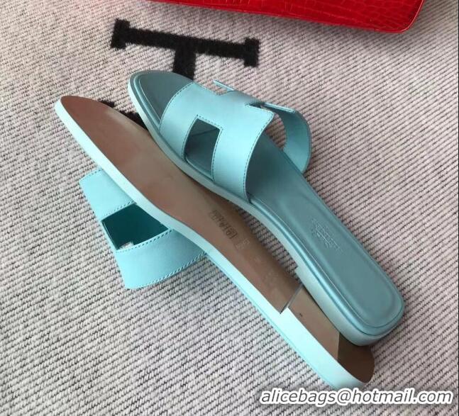 Good Quality Hermes Oran H Flat Slipper Sandals in Smooth Calfskin 040266 Macaroni Blue 2021