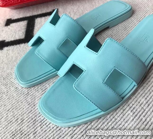 Good Quality Hermes Oran H Flat Slipper Sandals in Smooth Calfskin 040266 Macaroni Blue 2021