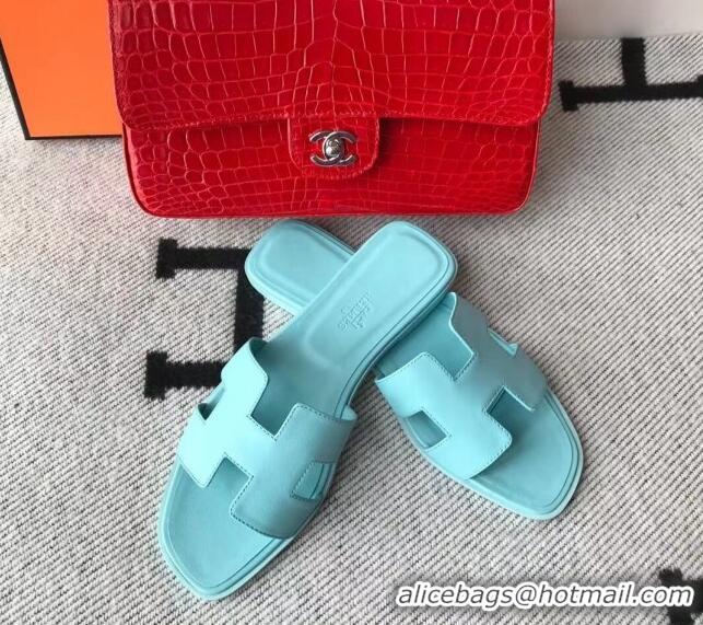 Good Quality Hermes Oran H Flat Slipper Sandals in Smooth Calfskin 040266 Macaroni Blue 2021