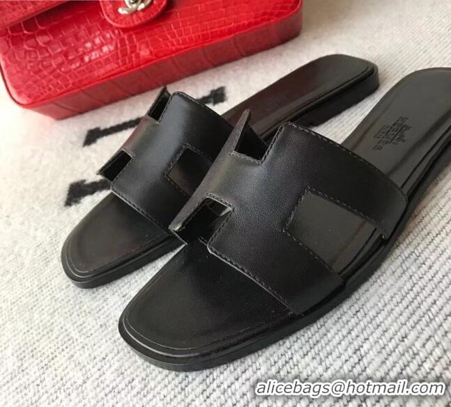 Durable Hermes Oran H Flat Slipper Sandals in Smooth Calfskin 040266 All Black 2021