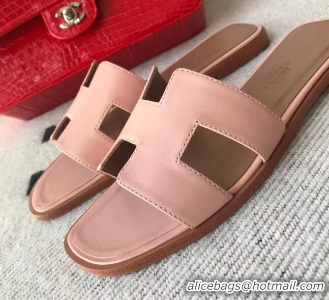 Luxury Cheap Hermes Oran H Flat Slipper Sandals in Smooth Calfskin 040266 Light Pink 2021