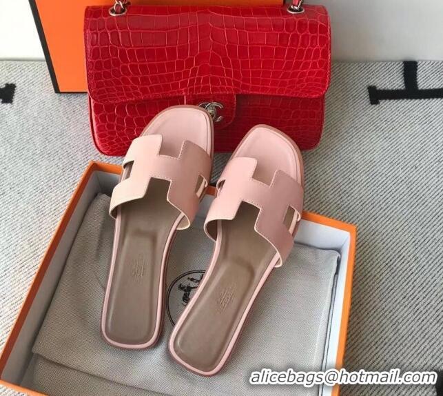 Luxury Cheap Hermes Oran H Flat Slipper Sandals in Smooth Calfskin 040266 Light Pink 2021