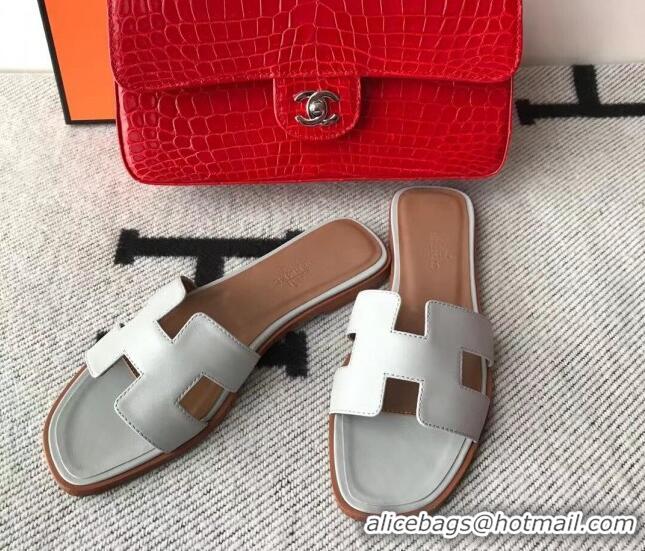 Hot Style Hermes Oran H Flat Slipper Sandals in Smooth Calfskin 040266 Light Grey 2021