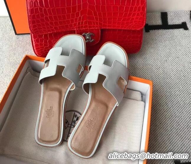 Hot Style Hermes Oran H Flat Slipper Sandals in Smooth Calfskin 040266 Light Grey 2021