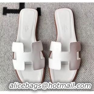 Trendy Design Hermes Oran H Flat Slipper Sandals in Smooth Calfskin 040266 White 2021