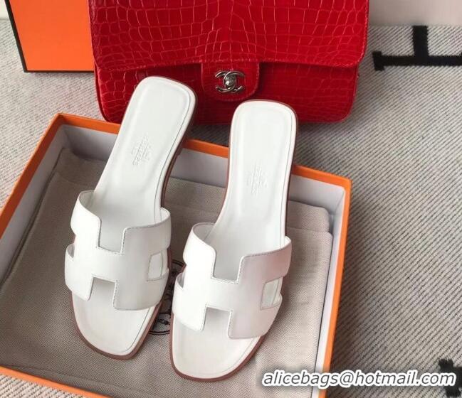 Trendy Design Hermes Oran H Flat Slipper Sandals in Smooth Calfskin 040266 White 2021