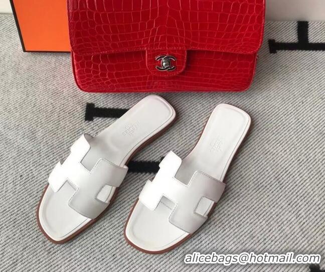 Trendy Design Hermes Oran H Flat Slipper Sandals in Smooth Calfskin 040266 White 2021