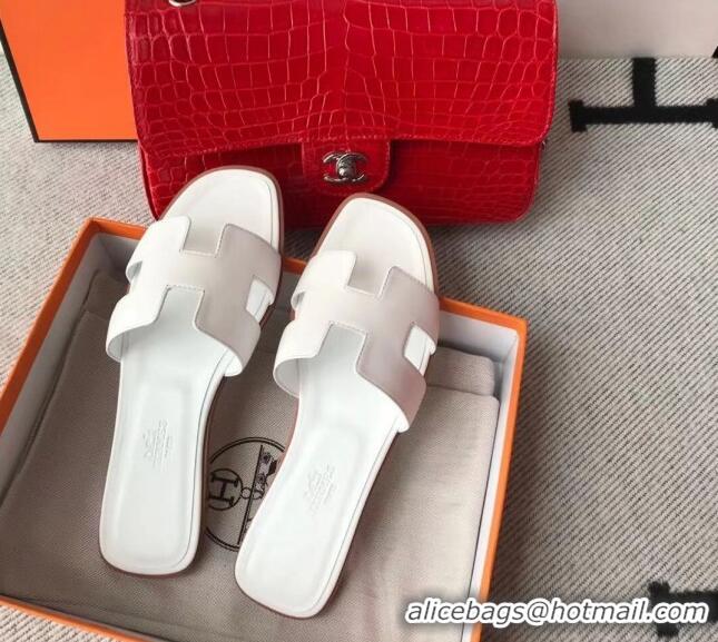 Trendy Design Hermes Oran H Flat Slipper Sandals in Smooth Calfskin 040266 White 2021