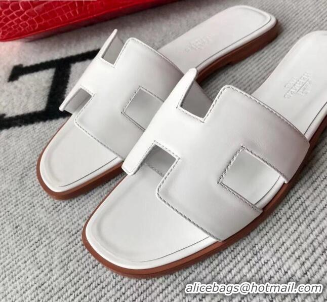 Trendy Design Hermes Oran H Flat Slipper Sandals in Smooth Calfskin 040266 White 2021