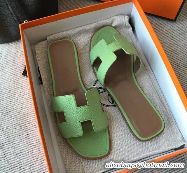 Charming Hermes Oran H Flat Slipper Sandals in Togo Grainy Calfskin 040381 Light Green 2021