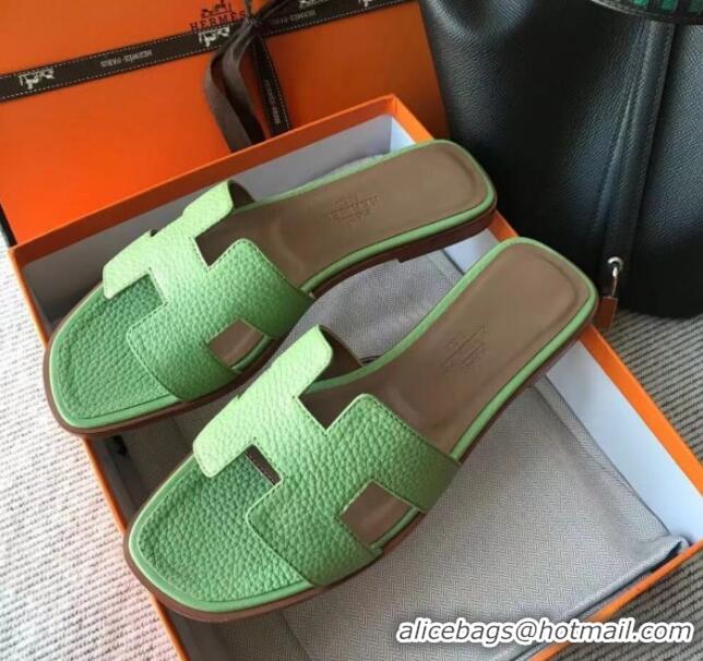 Charming Hermes Oran H Flat Slipper Sandals in Togo Grainy Calfskin 040381 Light Green 2021