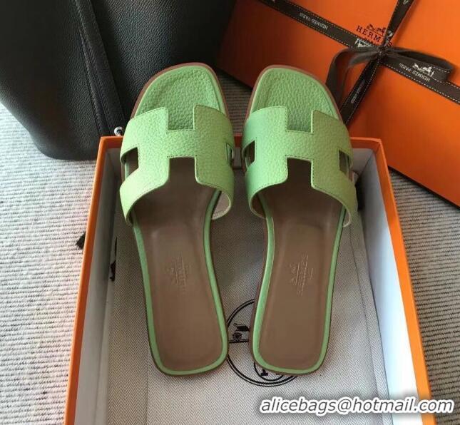 Charming Hermes Oran H Flat Slipper Sandals in Togo Grainy Calfskin 040381 Light Green 2021