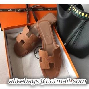 Perfect Hermes Oran H Flat Slipper Sandals in Togo Grainy Calfskin 040381 Brown 2021