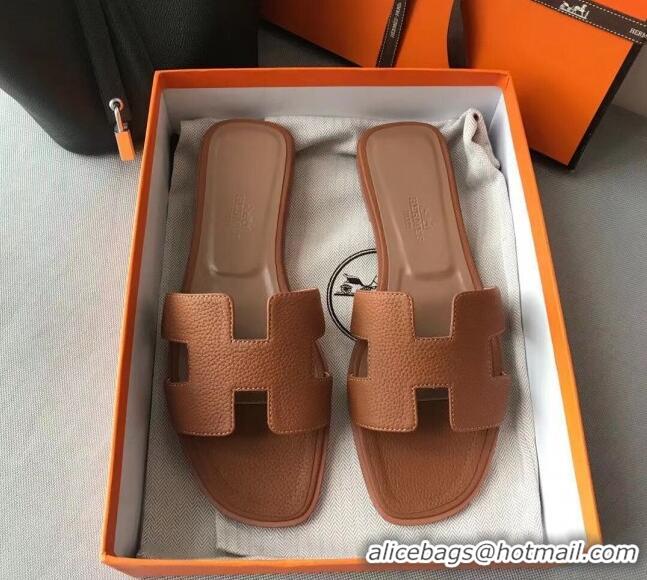 Perfect Hermes Oran H Flat Slipper Sandals in Togo Grainy Calfskin 040381 Brown 2021