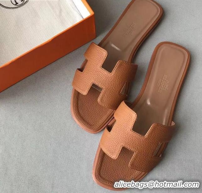 Perfect Hermes Oran H Flat Slipper Sandals in Togo Grainy Calfskin 040381 Brown 2021