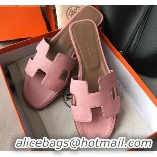 Luxurious Hermes Oran H Flat Slipper Sandals in Togo Grainy Calfskin 040384 Pink 2021