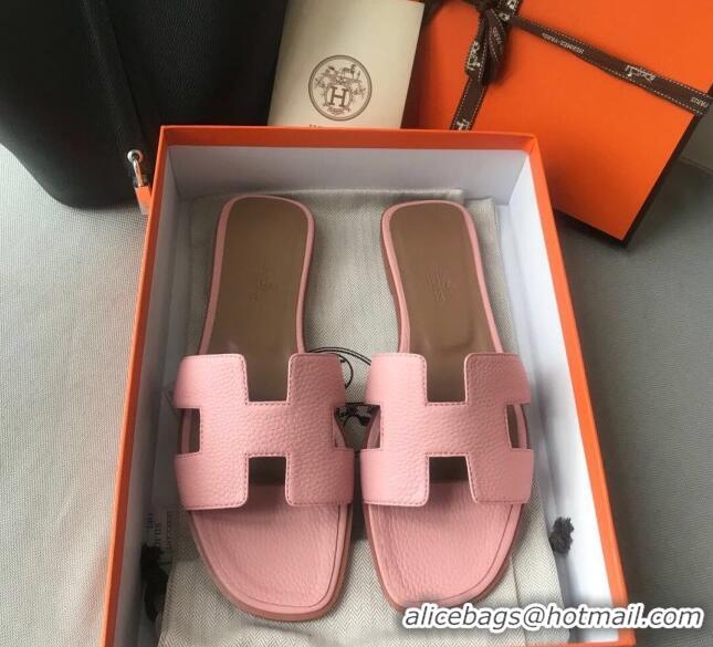 Luxurious Hermes Oran H Flat Slipper Sandals in Togo Grainy Calfskin 040384 Pink 2021