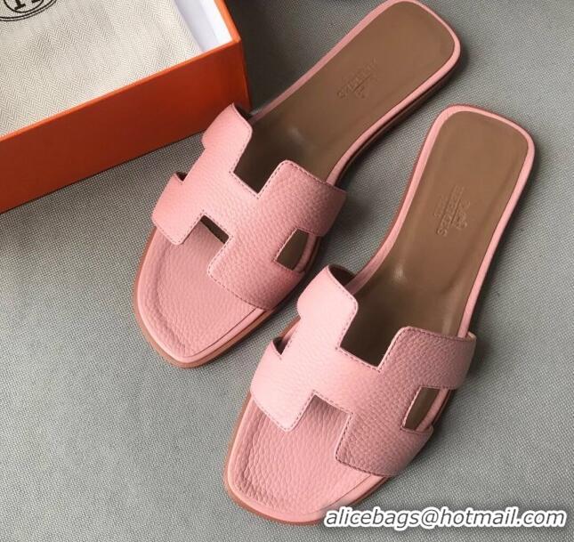 Luxurious Hermes Oran H Flat Slipper Sandals in Togo Grainy Calfskin 040384 Pink 2021