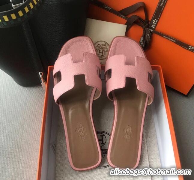 Luxurious Hermes Oran H Flat Slipper Sandals in Togo Grainy Calfskin 040384 Pink 2021