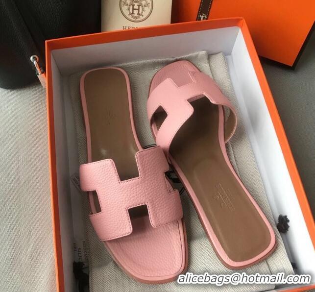 Luxurious Hermes Oran H Flat Slipper Sandals in Togo Grainy Calfskin 040384 Pink 2021