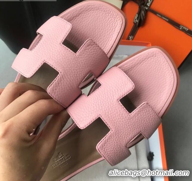 Luxurious Hermes Oran H Flat Slipper Sandals in Togo Grainy Calfskin 040384 Pink 2021