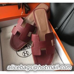 Top Quality Hermes Oran H Flat Slipper Sandals in Togo Grainy Calfskin 040384 Burgundy 2021