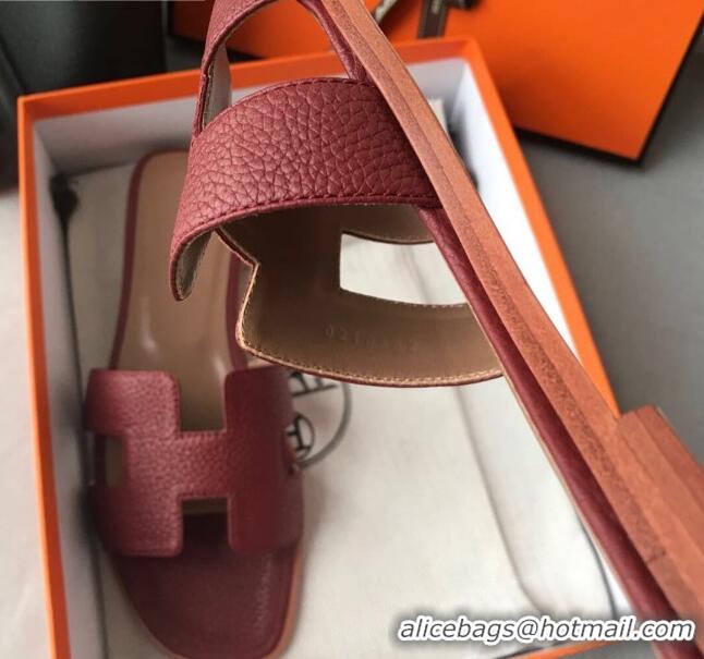 Top Quality Hermes Oran H Flat Slipper Sandals in Togo Grainy Calfskin 040384 Burgundy 2021