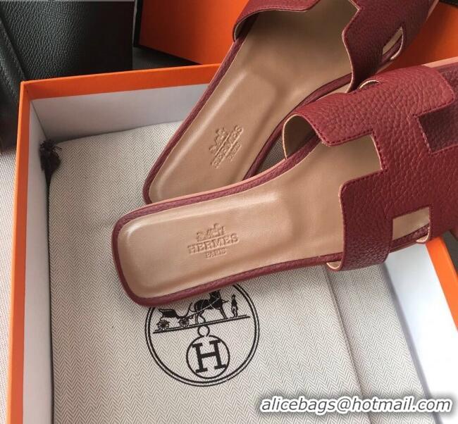 Top Quality Hermes Oran H Flat Slipper Sandals in Togo Grainy Calfskin 040384 Burgundy 2021