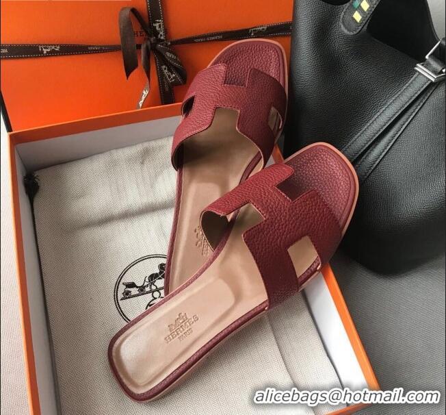 Top Quality Hermes Oran H Flat Slipper Sandals in Togo Grainy Calfskin 040384 Burgundy 2021