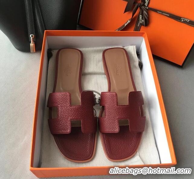 Top Quality Hermes Oran H Flat Slipper Sandals in Togo Grainy Calfskin 040384 Burgundy 2021