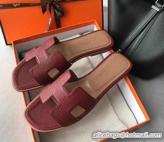 Top Quality Hermes Oran H Flat Slipper Sandals in Togo Grainy Calfskin 040384 Burgundy 2021