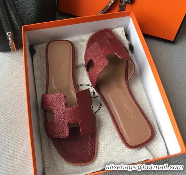 Top Quality Hermes Oran H Flat Slipper Sandals in Togo Grainy Calfskin 040384 Burgundy 2021