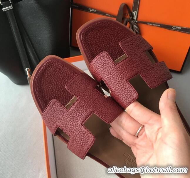 Top Quality Hermes Oran H Flat Slipper Sandals in Togo Grainy Calfskin 040384 Burgundy 2021