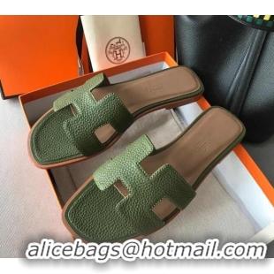 Pretty Style Hermes Oran H Flat Slipper Sandals in Togo Grainy Calfskin 040384 Green 2021