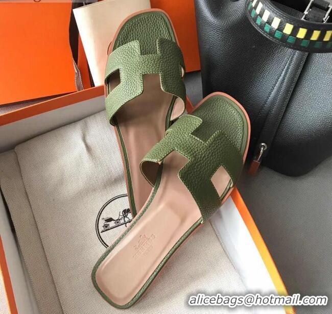 Pretty Style Hermes Oran H Flat Slipper Sandals in Togo Grainy Calfskin 040384 Green 2021