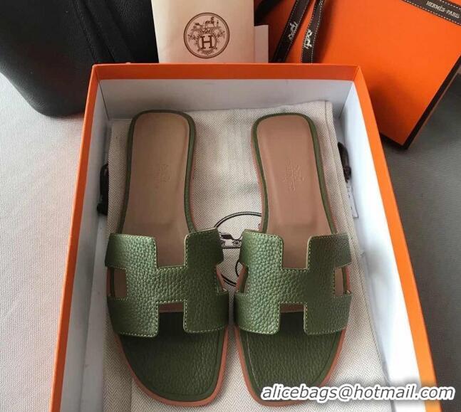 Pretty Style Hermes Oran H Flat Slipper Sandals in Togo Grainy Calfskin 040384 Green 2021