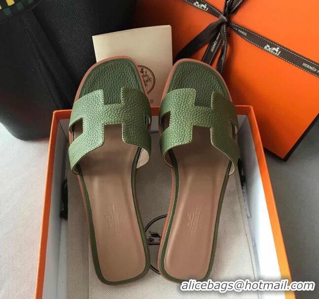 Pretty Style Hermes Oran H Flat Slipper Sandals in Togo Grainy Calfskin 040384 Green 2021