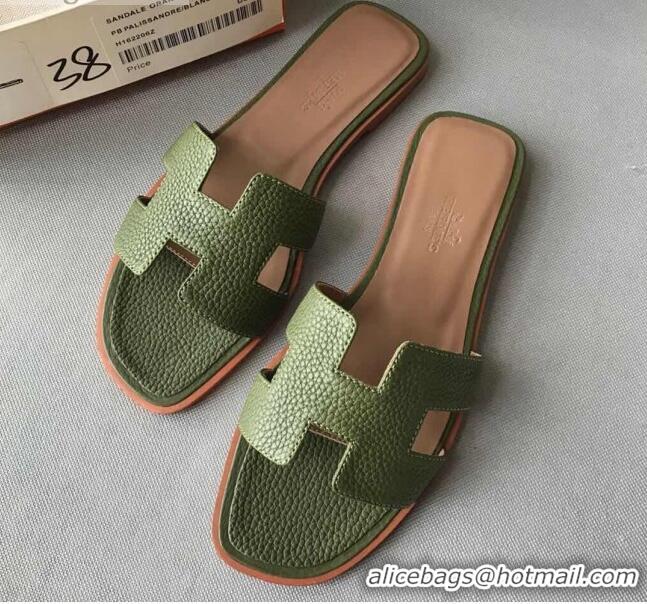 Pretty Style Hermes Oran H Flat Slipper Sandals in Togo Grainy Calfskin 040384 Green 2021