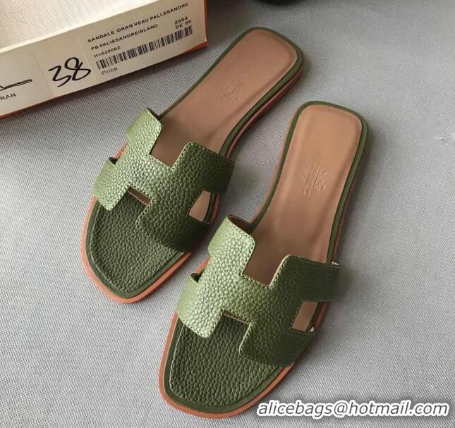 Pretty Style Hermes Oran H Flat Slipper Sandals in Togo Grainy Calfskin 040384 Green 2021