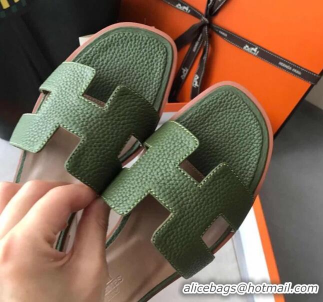 Pretty Style Hermes Oran H Flat Slipper Sandals in Togo Grainy Calfskin 040384 Green 2021