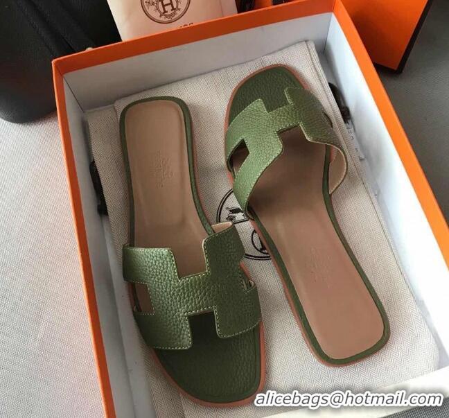 Pretty Style Hermes Oran H Flat Slipper Sandals in Togo Grainy Calfskin 040384 Green 2021