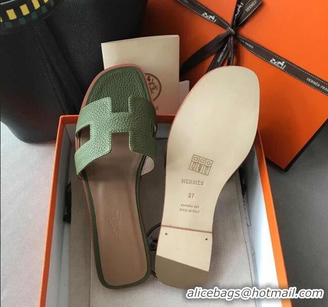 Pretty Style Hermes Oran H Flat Slipper Sandals in Togo Grainy Calfskin 040384 Green 2021